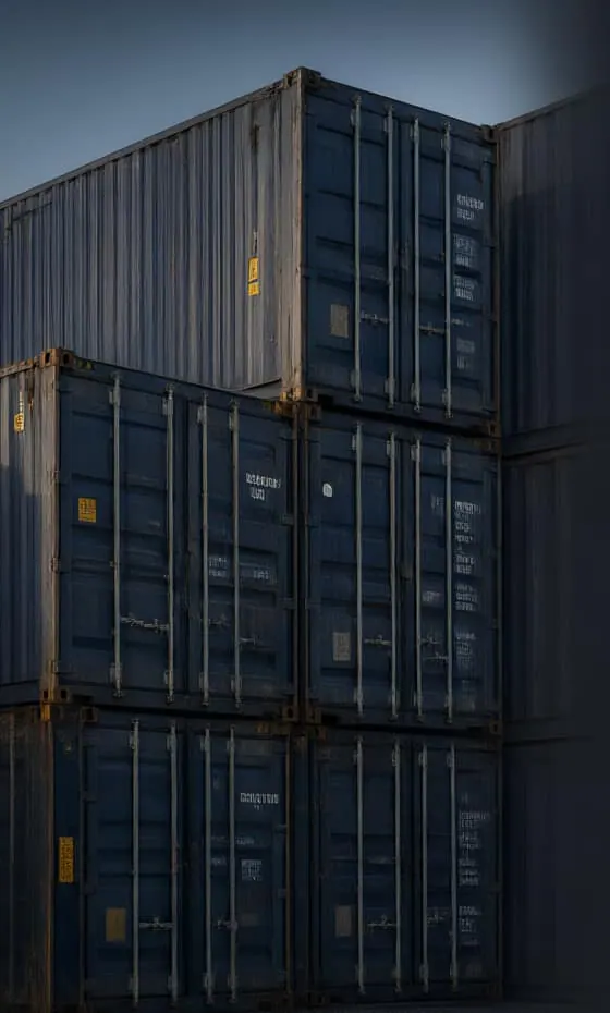 Stacks of steel shipping containers in a yard at dusk